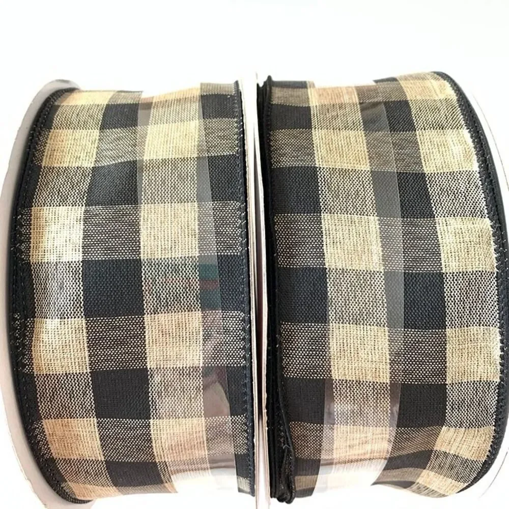 2 Celebrate It Christmas Plaid Buffalo Black Tan Wired Jumbo Ribbon 2.5 in New - Picture 5 of 5